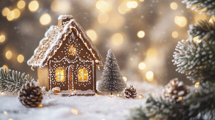 Christmas house with lights and snow. House, snow, glare, light cookies, tree, snowflakes. A christmas tree and snowflakes in a house. A christmas tree glares at the glare of lifestyle snow and snow.