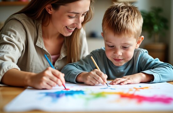 Young woman teacher helps boy with Down syndrome paint. Happily concentrating on colorful painting activity. Indoor lesson in classroom. Child showing happiness, concentration. Teacher guiding,