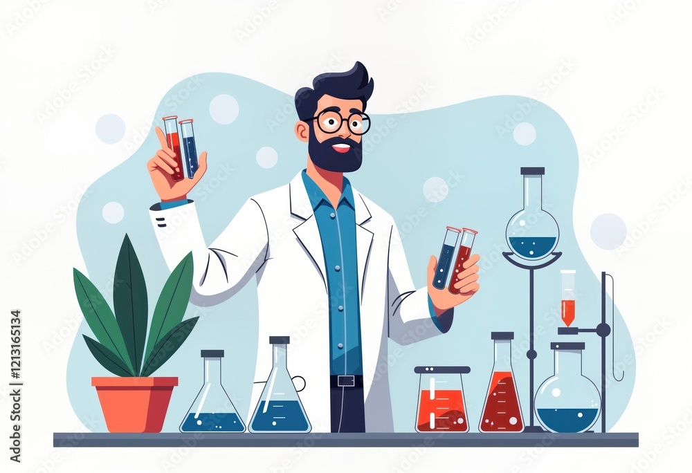 Poster Scientist in lab coat examines colorful liquid samples in test tubes. Various beakers, flasks with different liquids on lab bench. Holds test tubes with liquid samples. Lab scene shows research in
