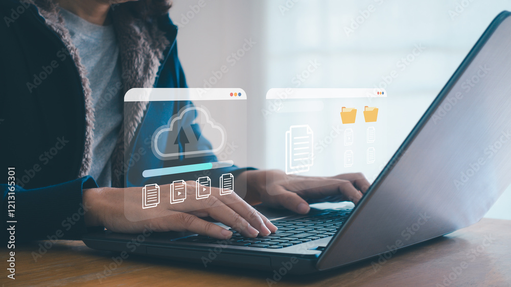 Fototapete document management system. businesswoman using laptop and dashboard for data management with cloud 