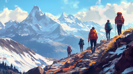 A group of hikers journeying along a mountain trail, with towering snowy peaks and stunning panoramic views in the background. Zenith Tower. Illustration