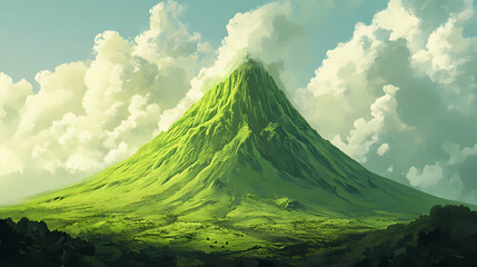 Fototapeta premium A lush green volcano towers into the sky, bathed in soft natural light. Zenith Tower. Illustration