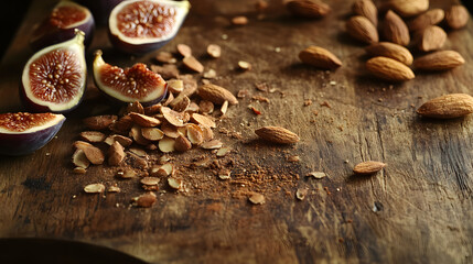 Almonds scattered across a wooden cutting board with a few dried figs and a sprinkle of cinnamon.
