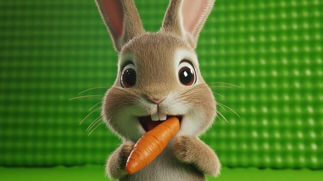 A charming close-up of a fluffy rabbit enjoying a tasty orange carrot against a green background