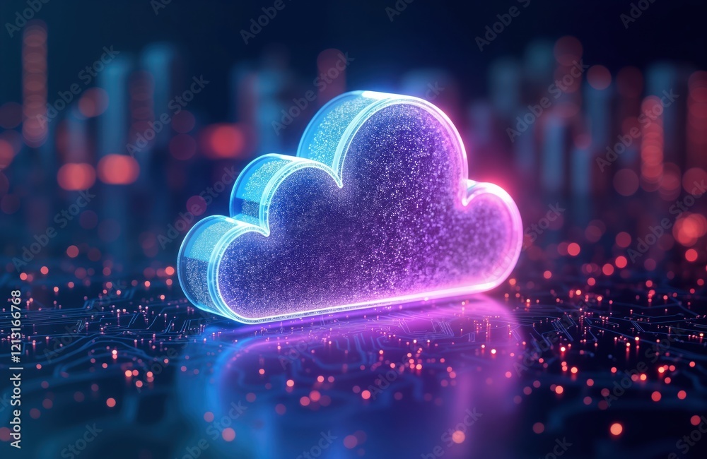 Poster futuristic cloud computing illustration shows glowing cloud icon. rests on circuit board with digita