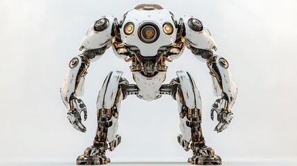 Classic vintage robot with metallic limbs and body standing isolated on white background