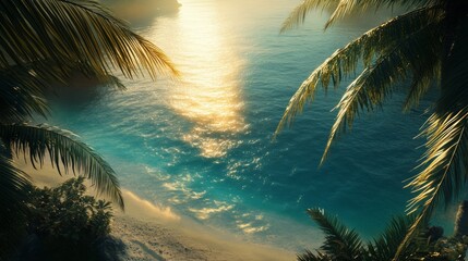 Tranquil tropical beach with golden sunset reflections on blue ocean waters