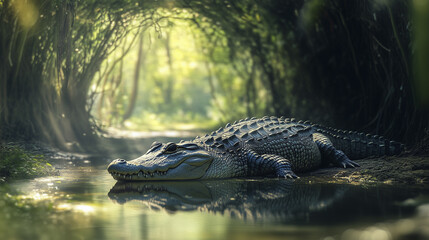 Fototapeta premium An alligator in the. Crocodile, , rays, sun trees, river, dark, forest. Dark forest with trees and a river. Crocodiles in the forest with dark rays of sunlight in the lifestyle forest. An alligator.