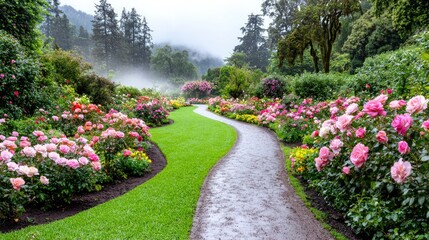 Obraz premium Rainy day rose garden path, misty background, tranquil scene, postcard