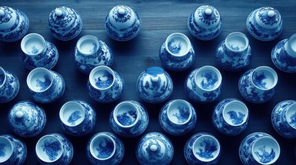 Overhead view of numerous small blue and white porcelain lidded jars arranged on a dark wood surface.