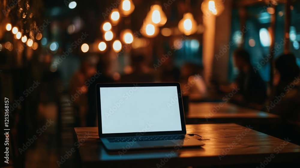Aufkleber a laptop sits on a rustic wooden table in a cafe, surrounded by warm, glowing lights. people are eng