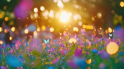 Sunset Meadow Dream:  Butterflies dance amidst a vibrant tapestry of wildflowers, bathed in the golden hues of a setting sun.  A magical scene that evokes serenity and wonder. 