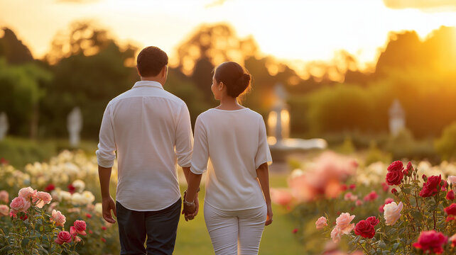 Romantic latino tourists holding hands and admiring roses in a beautiful garden at sunset during their summer vacation