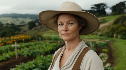 Fototapeta premium The Gardener's Resolve: A weathered woman with steely eyes, a worn hat, and a determined expression, stands amidst rows of thriving vegetables in a rural garden, radiating strength and resilience. 