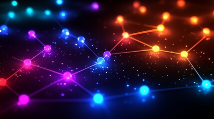 A futuristic grid with glowing nodes pulsating in vibrant neon colors.