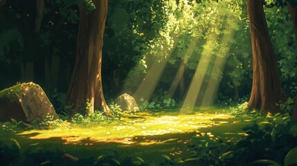Obraz premium A quiet forest glade, with rays of sunlight breaking through the canopy and lighting up the forest floor. 