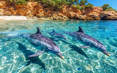Fototapeta premium Three dolphins swimming in clear turquoise water near a rocky shore.