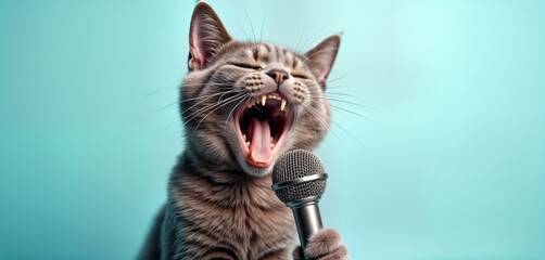 Adorable grey cat sings into vintage microphone. Funny pet singer at pastel blue party. Emotional expression on cat face. Creative musical performance. Cute animal star in vibrant setting. Rockstar