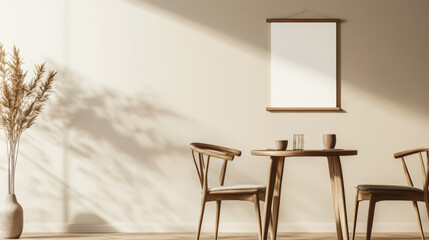 Empty wooden frame leaning against wall inside rustic cafe, highlighting minimalist decor near vintage furniture