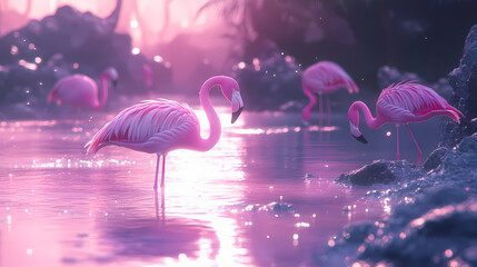 Flamingos wading in shallow lagoon vibrant pink feathers tropical environment serene waters close-up view for stunning nature. Ethereal Lagoon. Illustration