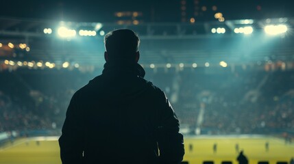 A football coach silhouettes during a match on a football field from the stadium with his back to the camera