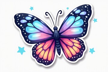 Sticker with a vibrant butterfly featuring glowing pastel wings and a magical trail on a white background, enchanting design concept.