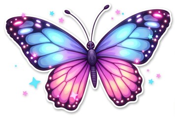 Obraz premium Sticker with a vibrant butterfly featuring glowing pastel wings and a magical trail on a white background, enchanting vector illustration concept.