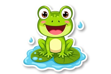 Obraz premium Sticker with a cheerful cartoon frog sitting on a lily pad with water droplets on a white background, playful design concept