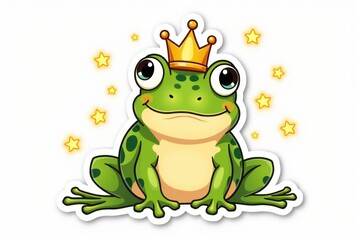 Fototapeta premium Sticker with a cheerful green frog wearing a tiny crown and surrounded by glowing fireflies on a white background, whimsical and joyous design concept