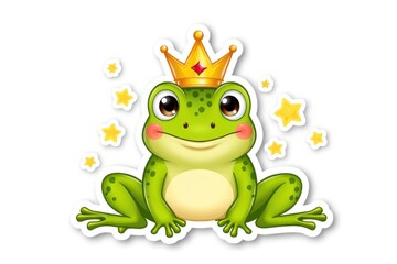 Fototapeta premium Sticker with a cheerful green frog wearing a tiny crown, surrounded by glowing fireflies on a white background, playful design concept.