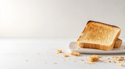 Two slices of toasted bread sit on a white rectangular plate, crumbs scattered on the white table surface, simple breakfast scene