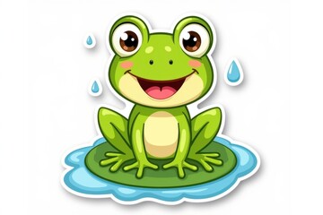 Obraz premium Sticker with a smiling cartoon frog sitting on a lily pad with sparkling water droplets on a white background, cheerful and playful design concept.