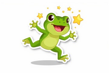 Obraz premium Sticker with a cute frog leaping with joy and leaving a trail of tiny sparkles on a white background, cheerful vector illustration concept.
