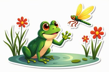 Fototapeta premium Sticker with a playful frog leaping to catch a glowing dragonfly surrounded by flowers and reeds on a white background, cheerful nature design concept.