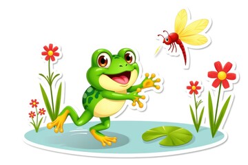 Obraz premium Sticker with a playful frog leaping to catch a glowing dragonfly among blooming flowers and reeds on a white background, whimsical vector illustration concept.