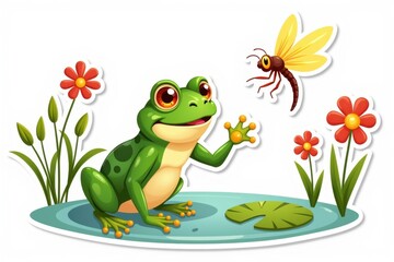 Fototapeta premium Sticker with a playful frog leaping to catch a glowing dragonfly surrounded by flowers and reeds on a white background, whimsical nature design concept
