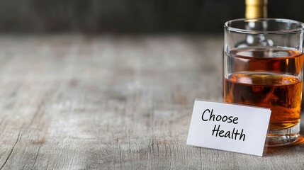 Glass of whiskey sits on a wooden table with a note reading Choose Health, symbolizing a decision to prioritize well-being over harmful habits