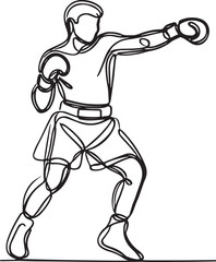 Fototapeta premium Vector Art of Boxer Throwing Punch in Fighting Stance – Line Drawing Style