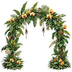 Fototapeta premium Exotic arch with banana leaves orchids and monkeys