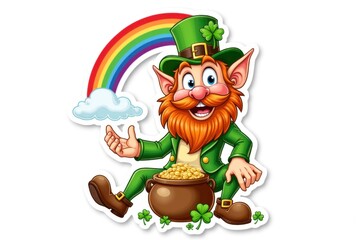 Sticker with a mischievous leprechaun sitting beside a pot of gold under a rainbow and surrounded by shamrocks on a white background, playful Irish folklore concept.