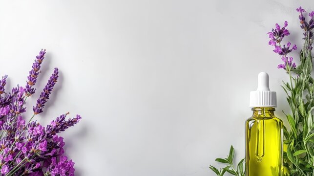 Lavender Essential Oil: Calming aromatherapy image featuring a bottle of golden essential oil, surrounded by vibrant lavender sprigs on a minimalist background. Perfect for promoting relaxation.