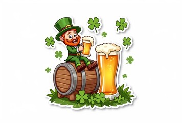Sticker with a cheerful leprechaun sitting atop a beer keg, holding a mug and surrounded by shamrocks, festive St. Patrick's Day design concept.