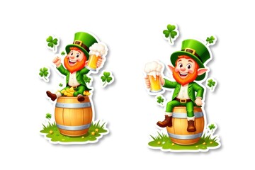 Sticker with a cheerful leprechaun sitting atop a beer keg holding a mug, surrounded by flying shamrocks on a white background, festive St. Patrick's Day design concept.