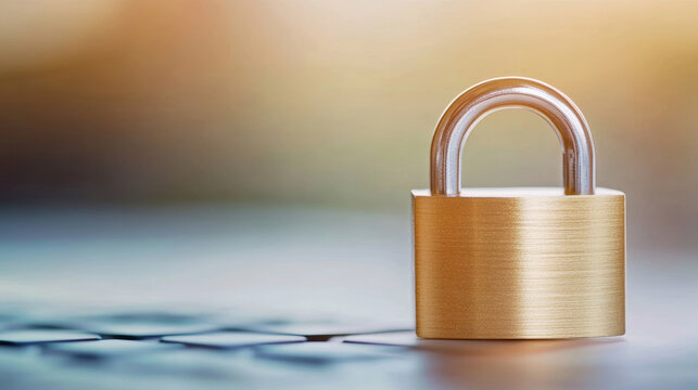 Closed padlock resting on a blurred keyboard, representing the vital concepts of computer security and data protection in the digital age