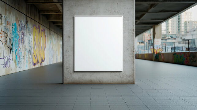 Blank square poster mockup hanging on a concrete wall in a grungy urban underpass with graffiti and murals surrounding it