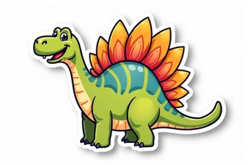 Fototapeta premium Sticker with a happy stegosaurus featuring a colorful rainbow shell on a white background, playful illustration concept.