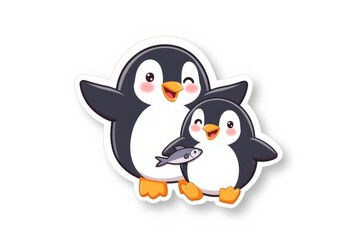 Fototapeta premium Sticker with a happy penguin family standing together, with a baby penguin holding a small fish on a white background, cheerful illustration concept.