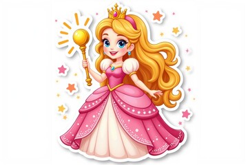 Fototapeta premium Sticker with a cheerful princess in a sparkling pink gown holding a golden scepter surrounded by magical sparkles on a white background, enchanting design concept.