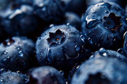 Blueberries with water droplets are clustered together. Concept of freshness and nature. For food marketing.