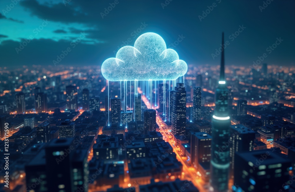 Aufkleber futuristic city at night. cloud computing system connected to city buildings. big data transfer happ